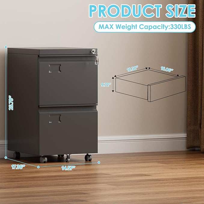 Aobabo 2 Drawer File Cabinet, Lockable Metal Filing Cabinet with Wheels for Home Office, Legal/Letter Size, Required Assembled,Black