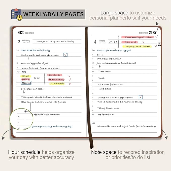 Benkaim Academic Daily Planner 2025-2026 One Page A Day (8.5"x5.8"), Calendar Book with Hourly Schedule, Appointment Book July 2025 to June 2026 Hard Cover (Black)