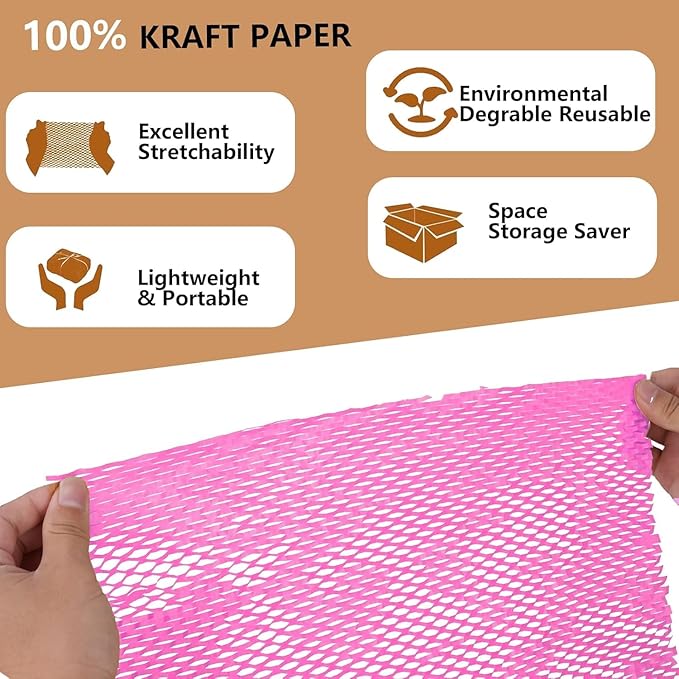 Honeycomb Packing Paper, 12" x 100' Packing Paper Substitute Alternative for Bubble Cushioning Wrap for Moving Shipping Packaging Mailing, Recyclable Moving Supplies Bubble Packing Wrap Roll-Pink