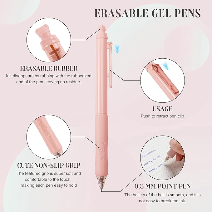 Linbsunne Erasable Pens 0.5mm Gel Ink Pens for School Office Fine Point Pens Smooth Writing Work Pen with Erasers (12-count,Blue Ink)