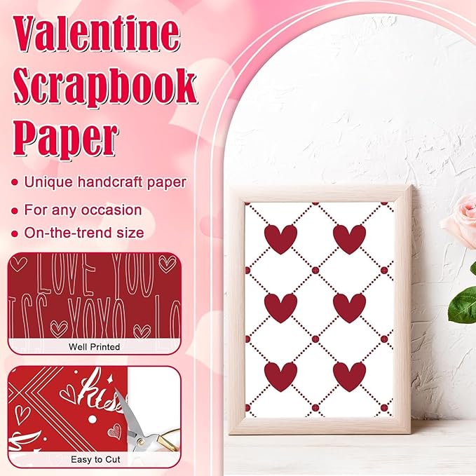 48Pcs Heart Pink Scrapbook Paper Pad, 12x12 Inch Colorful Love Decorative Craft Paper for Junk Journal Supplies, DIY Cards, and Photo Albums, Aesthetic Craft Supplies for Kids and Adults