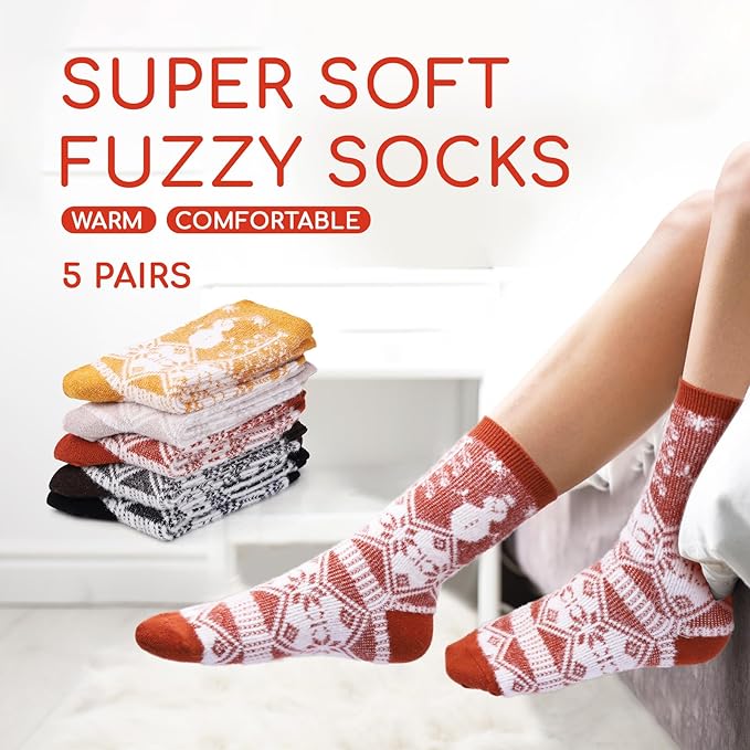 ICEIVY 5 Pair Fuzzy Cozy Socks for Women - Warm Comfy Soft Casual Home Sleep Winter Wool Socks - Gifts for Women