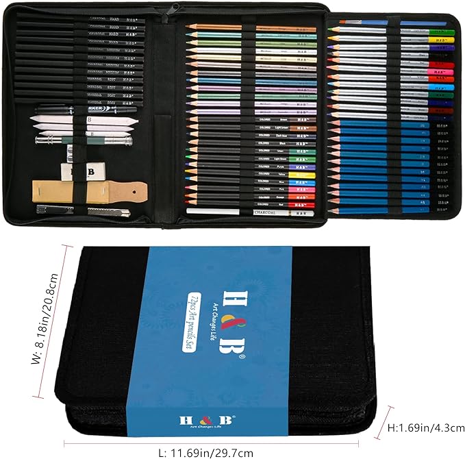 H & B 72PCS Drawing Supplies Sketching Set,Art Kit include Drawing & Colored Pencils for Adults Artists Kids.Pro Art Sketch Supplies with Sketchpad,Watercolor & Metallic Pencils