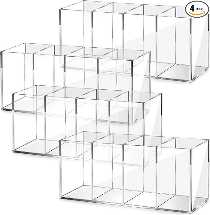 Pajean 4 Pack Acrylic Pen Pencil Holder - 4 Compartments Clear Pencil Pen Holder Organizer - Makeup Brush Holder Acrylic Pencil Organizer Cup for Office Home Supplies Desk Accessories