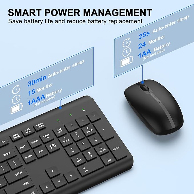 Wireless Keyboard and Mouse Combo, Full-Size Silent Ergonomic Keyboard and Optical Mouse, Long Battery Life, 2.4GHz Lag-Free Cordless Mice Keyboard for Computer, Mac, Laptop, PC, Windows