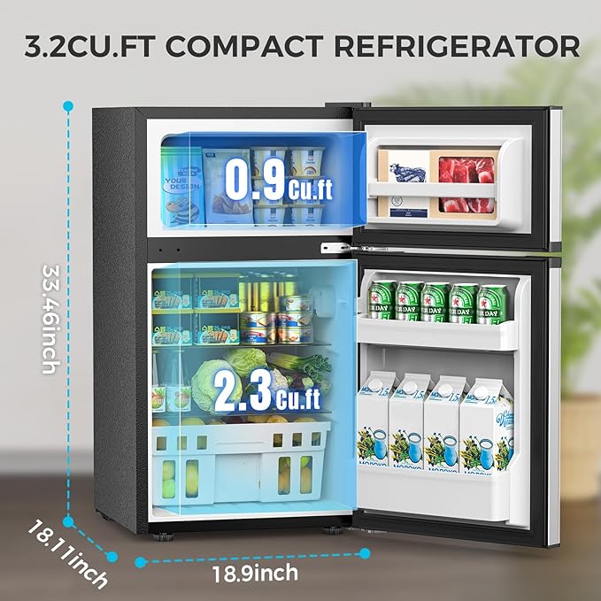 COWSAR 3.2 Cu.Ft Fridge with Freezer, Double Door Compact Refrige for Bedroom, Adjustable Thermostat, Energy-efficient Low Noise Small Refrigerator For Dorm, Office, Bar, RV, Commercial,Silver