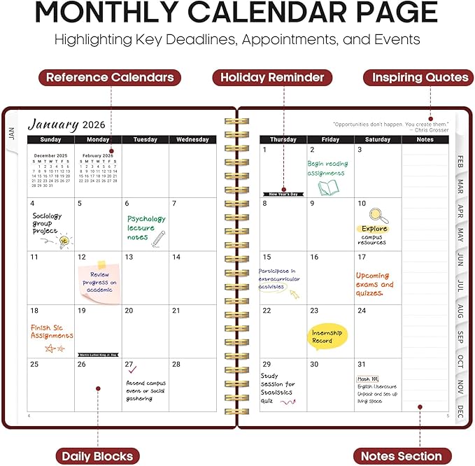 2026 Planner, Weekly and Monthly Calender Planner, Jan 2026 to Dec 2026, Hardcover 2026 Calendar Planner Book with Tabs & Inner Pocket, Office Home School Supplies for Women & Men - A4 (8.5" x 11"), Burgundy