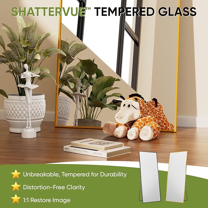 Full-Length Floor Mirror with Stand, 59"x16" Rectangle Style Full Body Standing Mirror for Bedroom, Living Room, Gym, Dorm - Shatter-Resistant & Easy Assembly, Gold