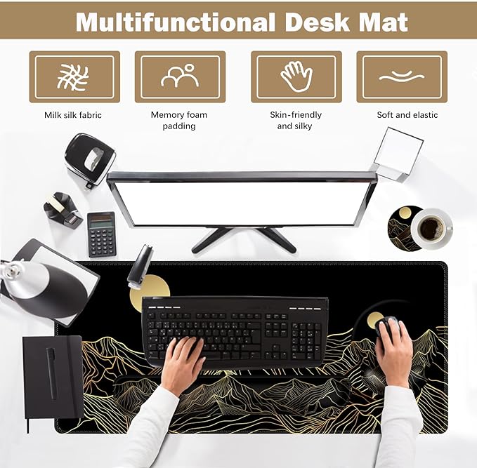 ARTSO Large Mouse Pad Keyboard Wrist Rest Combo, Ergonomic Mouse Pad with Wrist Support, Extended Non-Slip Desk Mat Protector, 4-in-1Set Desk Blotter for Office Home, Golden Sun Mountain
