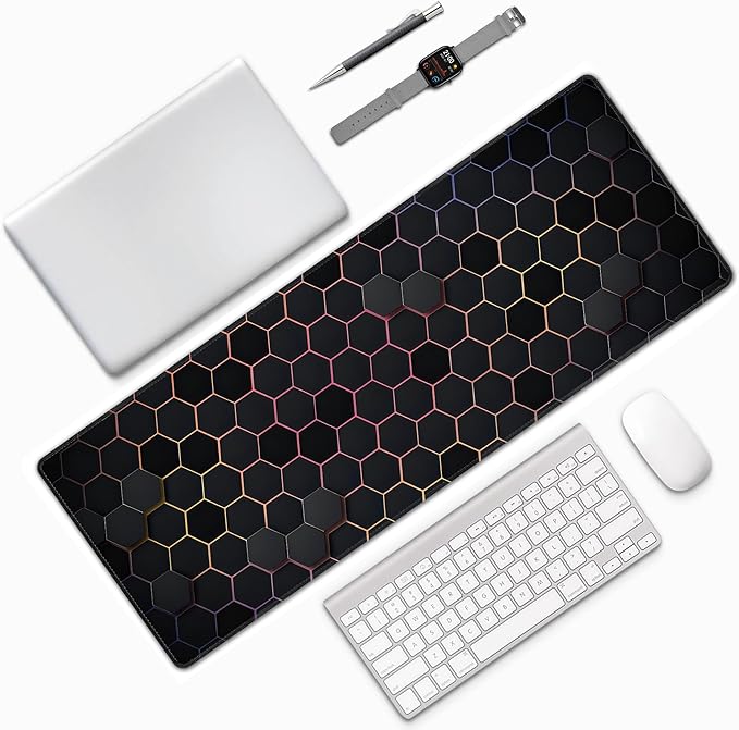 Hexagon Honeycomb Colorful Large Mouse Pad, Gaming Desk Mat, XL Extended Keyboard Desk Pad, 31.5"x11.8" Non-Slip Rubber Base Big Mousepad with Stitched Edges for Home and Office