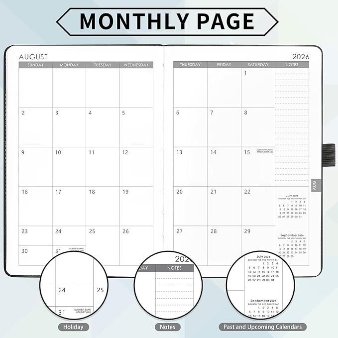 2026 Planner - Planner 2026, 2026 Weekly Monthly Planner, Jan.2026 - Dec.2026, 5.7'' x 8.4'', Thick Paper, Leather Cover, Pen Holder, Back Pocket, Bookmarks, Perfect Daily Organizer - Brown - Grey