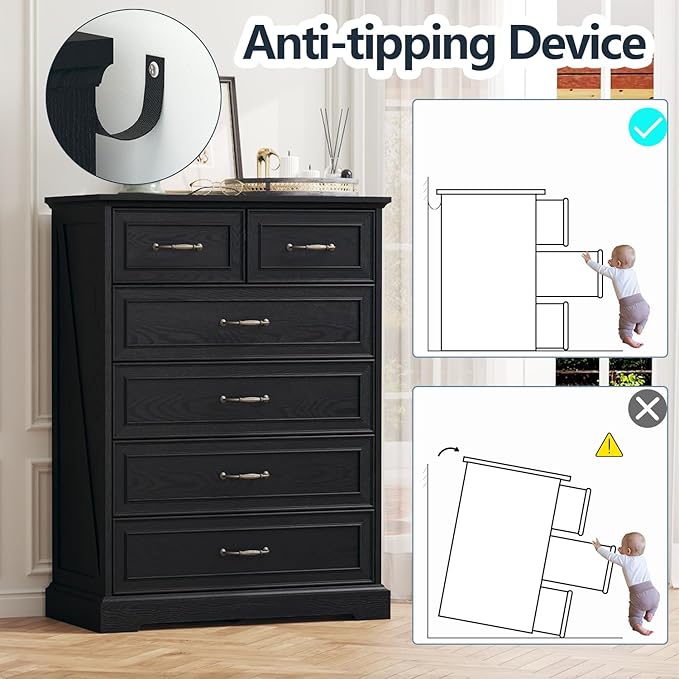 6 Drawer Dresser for Bedroom, 43" Tall Wooden Chest of Drawers, Rustic Farmhouse Dresser with Large Drawers & Metal Handles, Modern Storage Organizer for Closet, Living Room, Hallway, Black