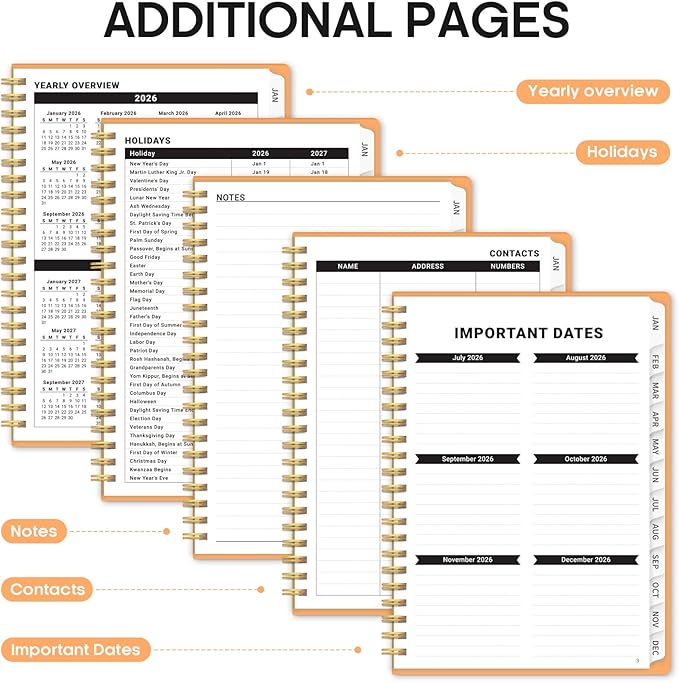 2026 Planner, Weekly and Monthly Calender Planner, Jan 2026 to Dec 2026, Hardcover 2026 Calendar Planner Book with Tabs & Inner Pocket, Office Home School Supplies for Women & Men - A5 (6.3" x 8.5"), Bright Orange
