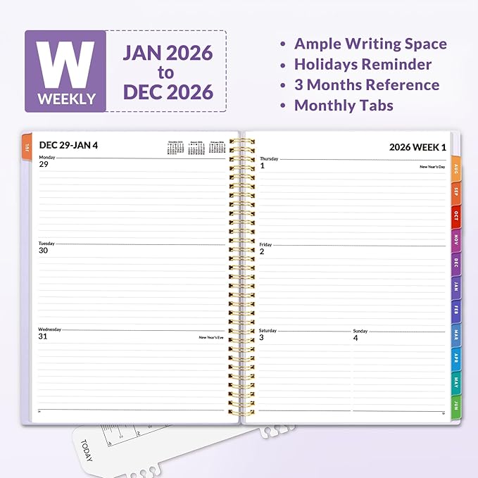 SUNEE 2026 Weekly and Monthly Planner - from January 2026 - December 2026, 8.5"x11" Daily Agenda Planner with Monthly Tab, Flexible Cover, Note Pages, Pockets, Bookmark, Spiral Binding, Purple