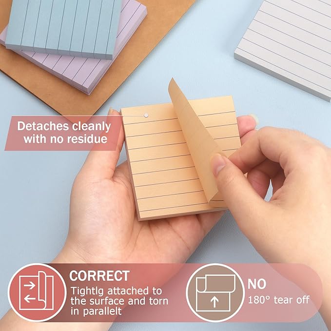 8 Pads Lined Sticky Notes Vintage Color 3x3 in, Self-Stick Sticky Note Pads Lined Pads 8 Pads/Pack, 640 Sheets, Easy to Paste for Office, School, Home
