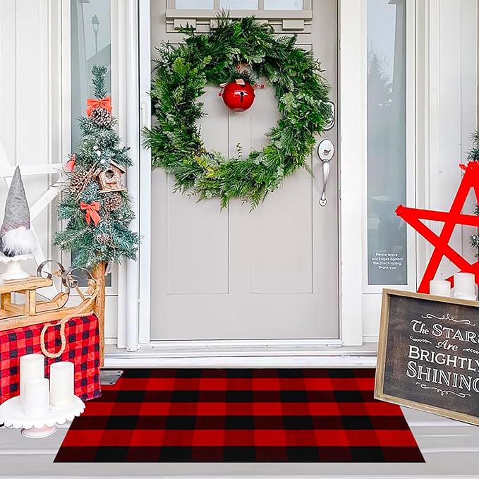 Ckorzen Red Green and White Plaid Rug, 28" x 43" Christmas Front Porch Outdoor Rug, Handwoven Cotton Washable Rug for Layered Door Mats, Holiday Entryway and Home Décor