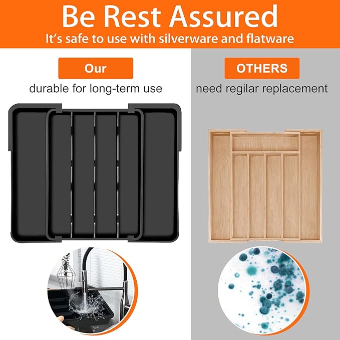 Kitchen Silverware Organizer for Drawer - Expandable Silverware Drawer Organizer Adjustable Utensil Drawer Holder, Flatware Cutlery Tray for Spoons Forks Kitchen Organizers Storage,Black,M