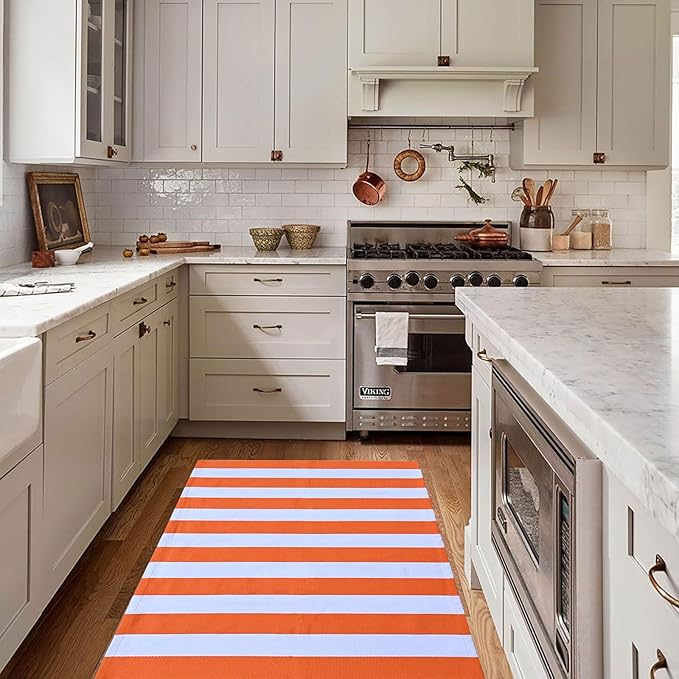 CAINANEL Fall Outdoor Rug 3' x 5' Orange and White Striepd Rug Front Door Mat Halloween Thanksgiving Fall Autumn Home Decor, Layerd Welcome Doormat for Front Porch Decor, Front Door, Farmhouse Decor