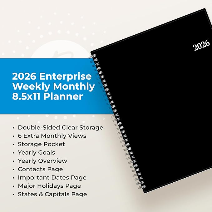 Blue Sky 2026 Weekly and Monthly Planner Calendar, Includes January 2026 - December 2026, 8.5" x 11", Flexible Cover, Wirebound, Laminated Tabs, Storage Pocket, Enterprise