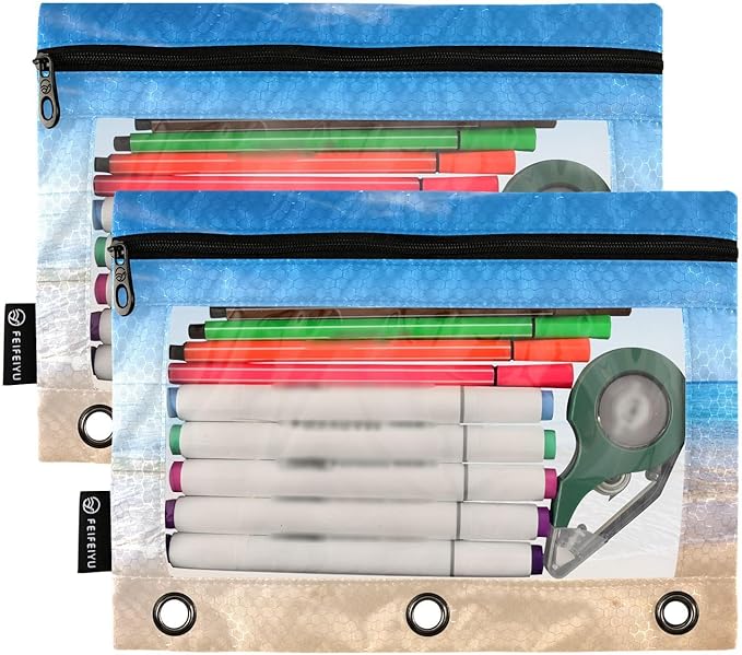 ALAZA Pencil Pouch for 3 Ring Binder, Beach and Tropical Ocean Binder Pencil Pouches with Clear Window Zipper Pencil Case Cosmetic Bags for Office College Supplies, 2PCS