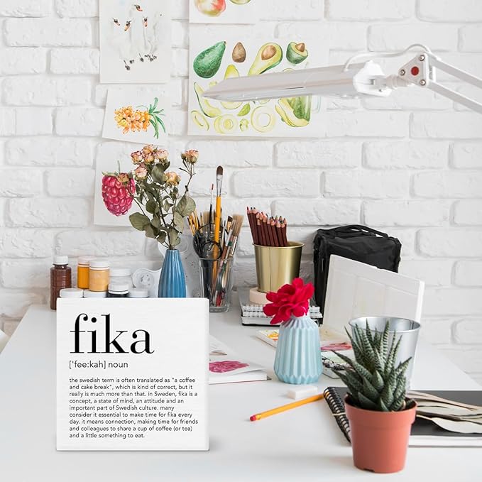 Fika Definition Decor Gift for Friends Colleagues Swedish Fika Decorations Home Office Wood Sign for Desk Table Shelf 5 x 5 Inches