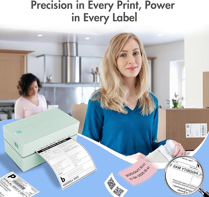 Bluetooth Thermal Shipping Label Printer: 4x6 Wireless Label Maker with Tape for Small Business - Compatible with iPhone, Android, Windows & Mac, Widely Used for USPS UPS Ebay Amazon Shopify, Green