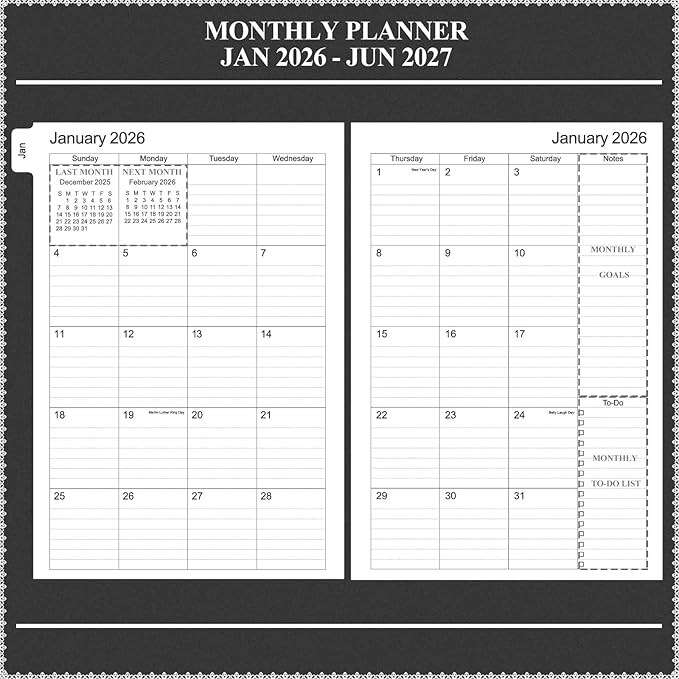 Tiankool Planner 2026-2027 - Jan 2026-Jun 2027 Weekly Monthly Planner with 18 Monthly Tabs, Elastic Closure, Inner Pocket, Round Corner,5.8" x 8.25"- Black