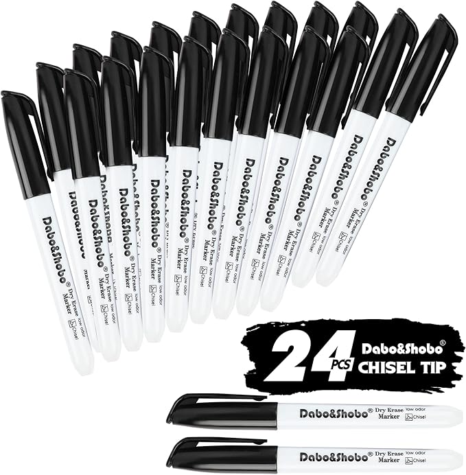 Dabo&Shobo Dry Erase Markers 24 Pack, Low Odor Black Whiteboard Markers, Chisel Tip, Perfect for Writing on Whiteboard Mirrors Glass In School, Office&Home…
