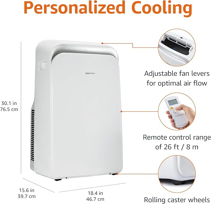Amazon Basics 4-In-1 Portable Air Conditioner, 13500 BTU (ASHRAE), Cools Up to 550 Sqf, Portable AC with Cool/Heat/Dry (Dehumidifier)/Fan-Only Functions, Auto Mode, Sleep Mode, Timer, White