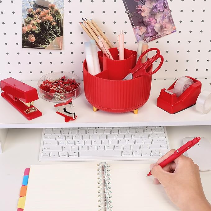 SKYDUE Red Office Supplies Set, Desk Accessories, Stapler, Tape Dispenser, Scissors, Binder/Paper Clips and 1000pcs Staples, Office Decor for Women