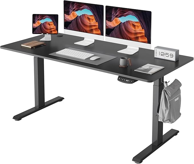 FEZIBO One-Piece Standing Desk Adjustable Height Stand up Home Office Desk, 55x24 Inch Electric Standing Computer Desk, with 4 Memory Presets, Fixable casters, Black