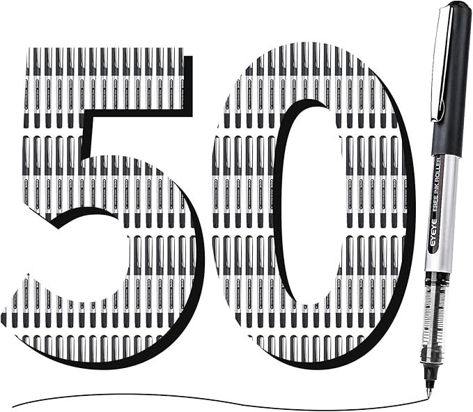 EYEYE Rollerball Pens 0.5mm Black 50 Pack, Extra Fine Point Quick Dry Liquid Ink Roller Ball Pens Fine Point Smooth Writing Pen for Journaling, Note Taking, Office, School Supplies