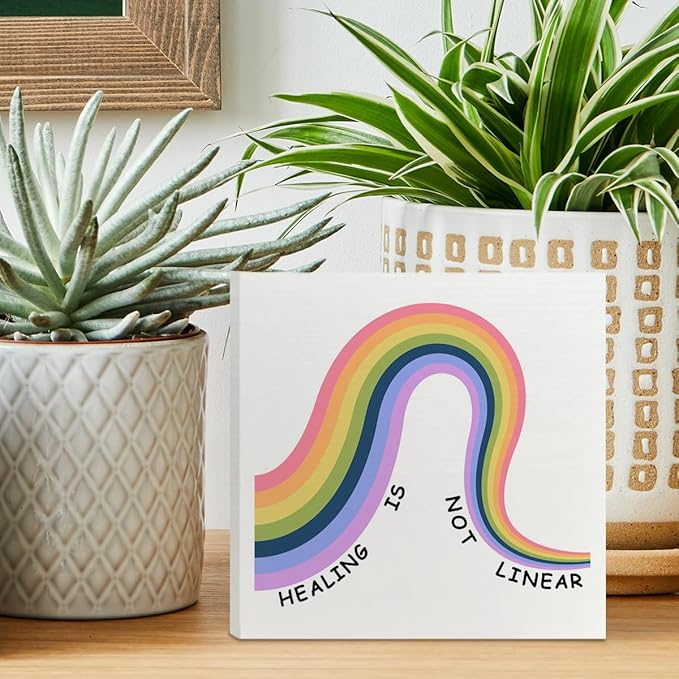 Therapy Office Desk Wooden Box Sign Decor, Mental Health Wood Box Sign Decorations for School Psychologist Therapy Office, Gifts for Therapist Psychologist School Counselor, Healing Is Not Linear