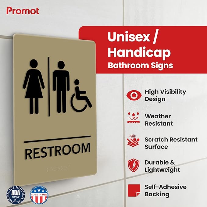 Promot Unisex Handicap Bathroom Sign – ADA Braille Restroom Sign for Business, Self-Adhesive, 9" x 6", Commercial Door Signage, Office Wall Decor - Taupe
