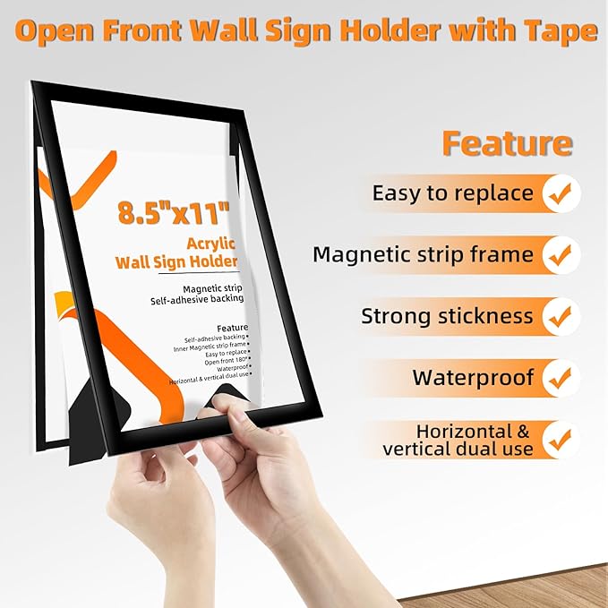 6 Pack Acrylic Sign Holder 8.5x11 Wall Mount,Clear Wall Sign Holder with Tape,Horizontal & Vertical Display,Plastic Sign Holder for Wall Door Glass Window Fridge-No Drilling
