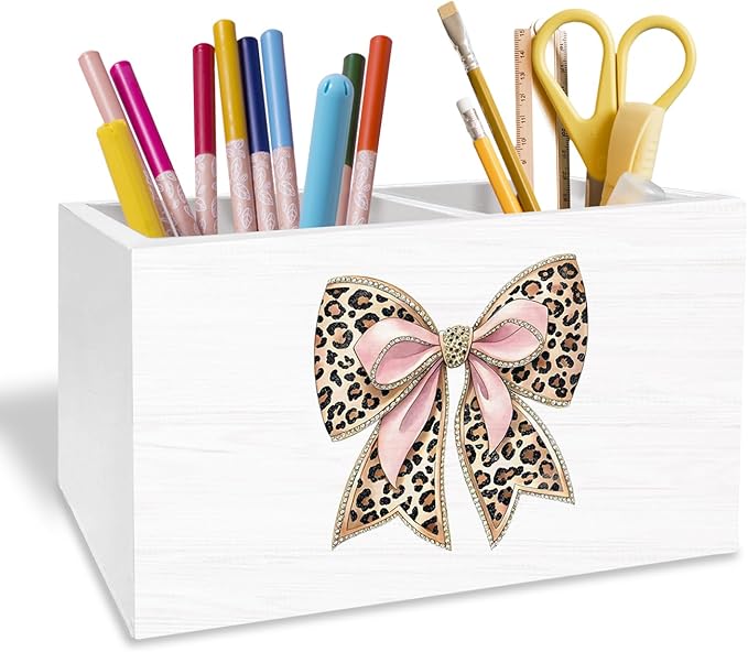 Leopard Coquette Bow Pen Holder for Desk, Pink and Cheetah Print Pencil Organizer, Preppy Trendy Leopard Bow Wooden Box Sign Desk Decor for Girls Bedroom Home Decoration