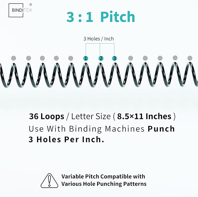 Binditek 100 Pack Plastic Spiral Binding Coils, 4 Different Sizes (6mm, 8mm, 10mm, 12mm)(1/4", 5/16", 3/8", 1/2"), 3:1 Pitch, 36Loops, Black, for Letter Size