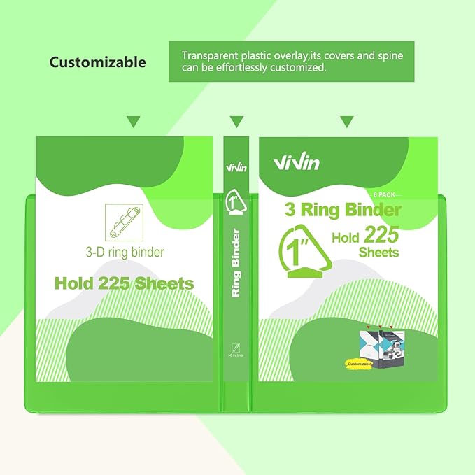 ViVin Sturdy 1 Inch D Ring Binders, 3 Ring Binders with 2 Pockets, Hold 225 Sheets of US Letter Size Paper for Office,Home,School, 6 Pack (Ivy Green)