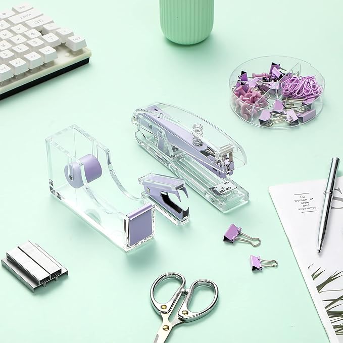 Office Supplies Set Desk Accessory Kit, Acrylic Stapler Set Staple Remover, Tape Dispenser, Binder Clips, Paper Clips, Ballpoint Pen and Scissor with 1000 Pieces 26/6 Staples (Purple)