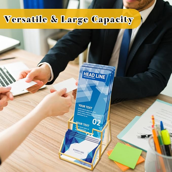 4 Pcs Glass Display Stand Set 2 Gold Glass Brochure Holder Stand 2 Gold Business Card Holder for Office Desktop Countertop Name Card Magazine Literature Journal (4 x 8 '')