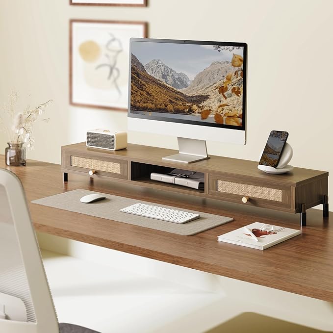 Fenge Dual Monitor Stand for Desk - Long Wooden Riser With Rattan Woven Drawer, 2 Tier Desk Shelf for 2 Monitors, Vintage Computer Stand for Laptop, Printer, TV