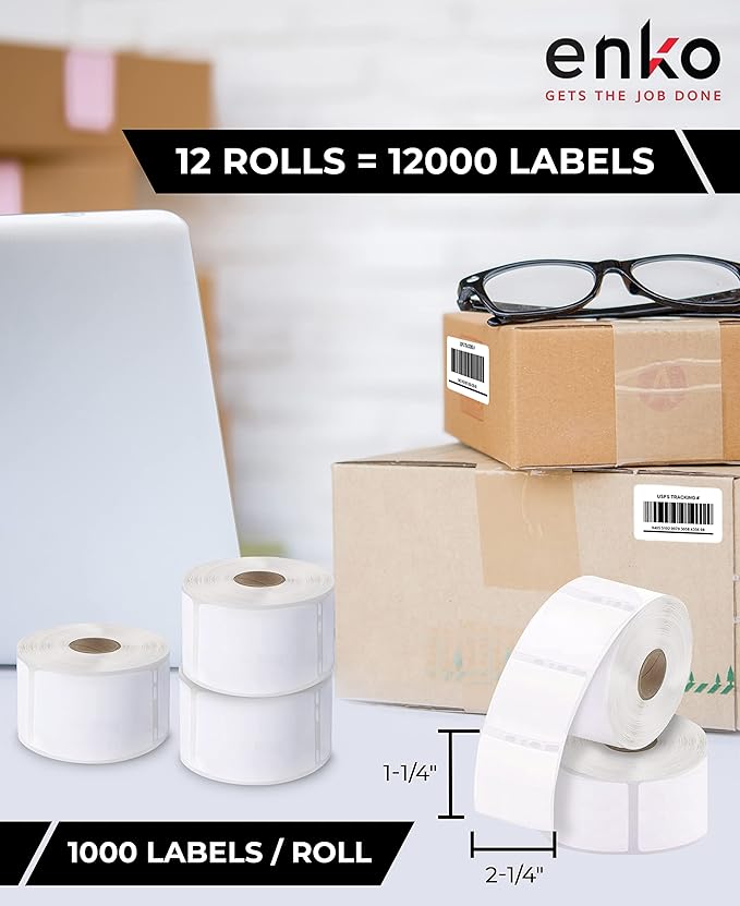 enKo (12 Rolls / 12000 Labels) 30334 Dymo Compatible Multipurpose Barcode (1-1/4" x 2-1/4")