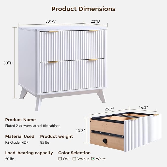 T4TREAM 2 Drawer File Cabinet, 30" Fluted Lateral File Cabinet w/Files Hanging Rod for Letter/Legal/A4, Large Tabletop for Printer, Office Wood Printer Cabinets, White