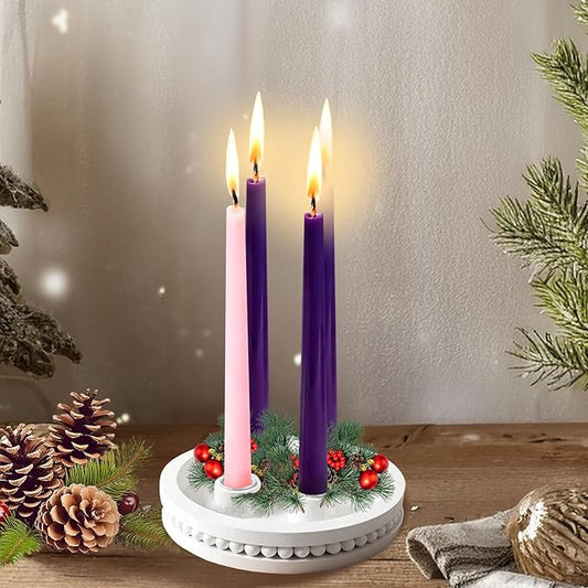 7inch Wooden Candle Holder Advent Wreath 4 Candle Holder - Candlestick Holder with Wooden Bead Design for Christmas Festival Home Party Church Decor, White