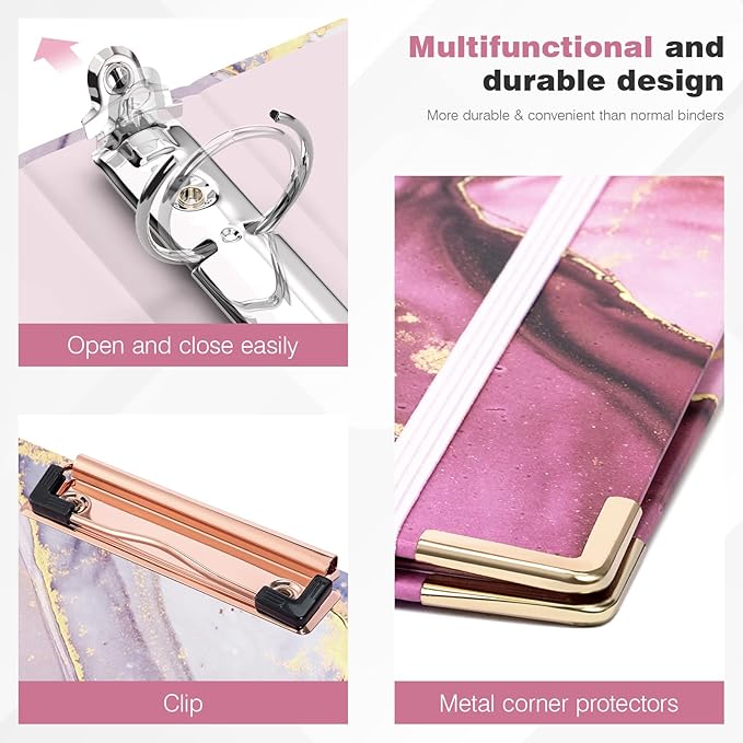 Ospelelf 3 Ring Binder 1 Inch, Pink Binders for Letter Size Documents(11" x 8.5") with 5 Tab Dividers, Clipboard Organizer, Back to School and Office Supplies