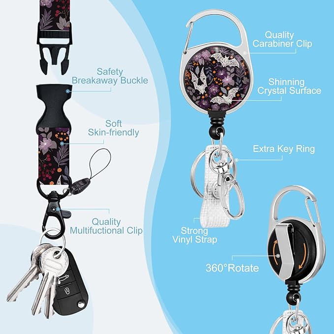 Gctriki Goth Lanyards for ID Badges, Bat Flower id Holder with Lanyard, Retractable Badge Reel Clip Keychain Name Tag Protector for Women Teacher Nurse Doctor Student Worker Office Supplies