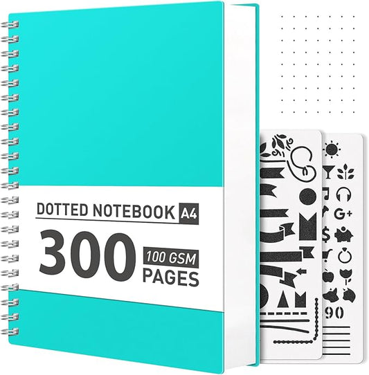 AHGXG Bullet Dotted Journal Spiral Notebook - Large A4 Dotted Notebook 8.5''×11'', 300 Pages Dot Grid Notebook, 100gsm Thick Paper, Plastic Hardcover, with Journal Stencils - Lake Blue