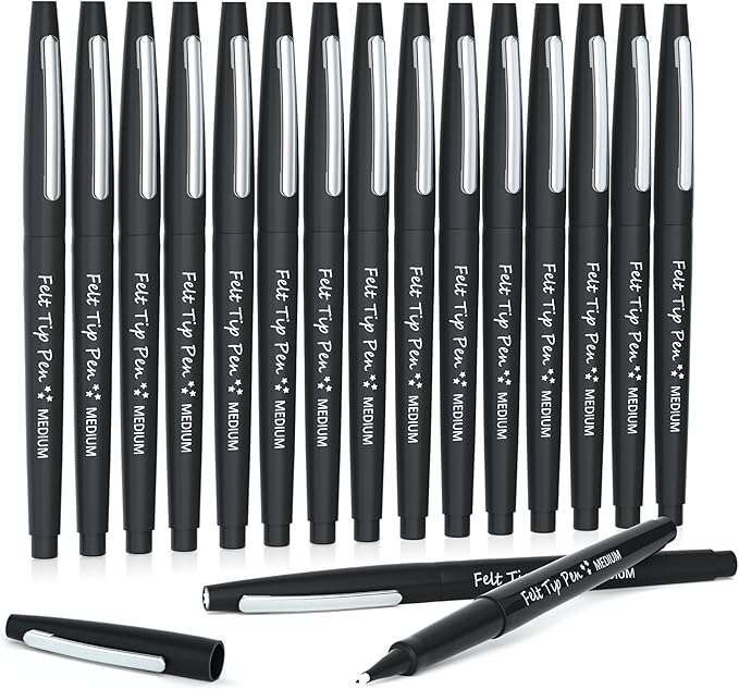 Lelix Felt Tip Pens, 15 Black Pack, 0.7mm Medium Point, Felt Tip Markers Pens for Journaling, Writing, Note Taking, Planner, Perfect for School Office and Art Supplies