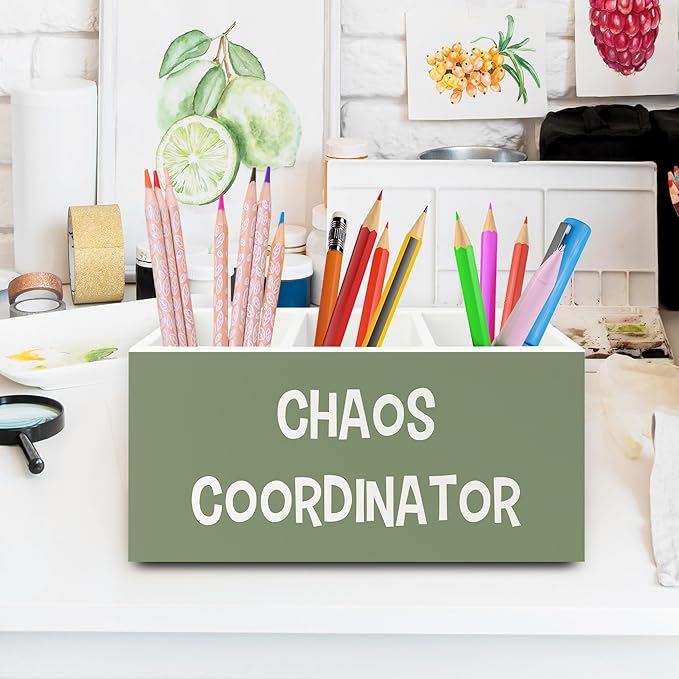 Chaos Coordinator Green Pen Pencil Holder Organizer for Desk, Thank You Gifts for Women Men Coworkers Boss Leader Manager, Appreciation Gifts Wooden Box Sign for Office Tabletop Decorations