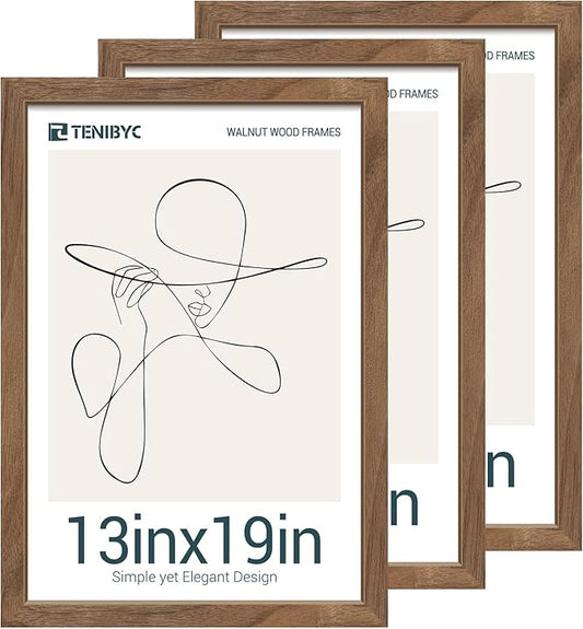 13x19 Walnut Picture Frame Set of 3 with HD Glass- Natural Brown, Solid Wood Poster Frame, Wall Hanging